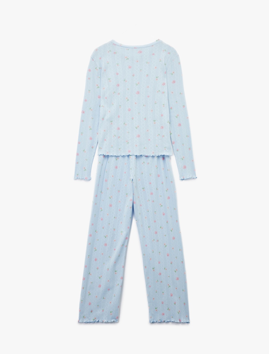   Pamuklu Uzun Kollu Bisiklet Yaka Çiçekli Pijama Takımı