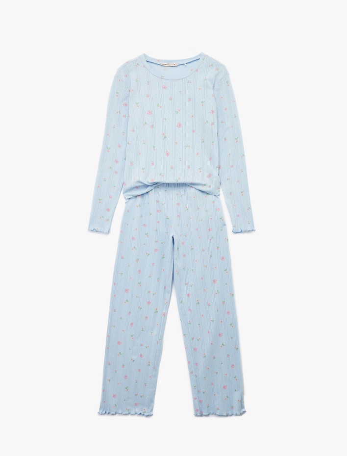  Pamuklu Uzun Kollu Bisiklet Yaka Çiçekli Pijama Takımı