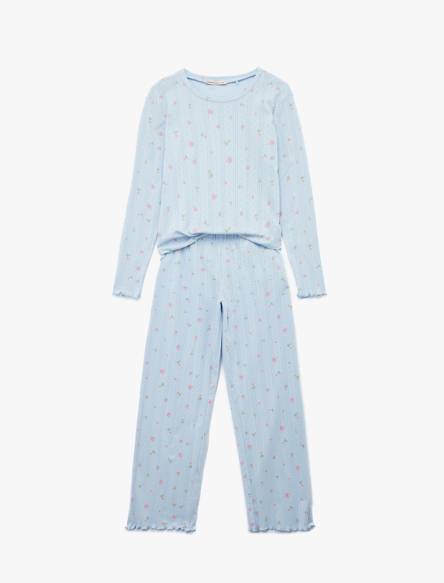   Pamuklu Uzun Kollu Bisiklet Yaka Çiçekli Pijama Takımı