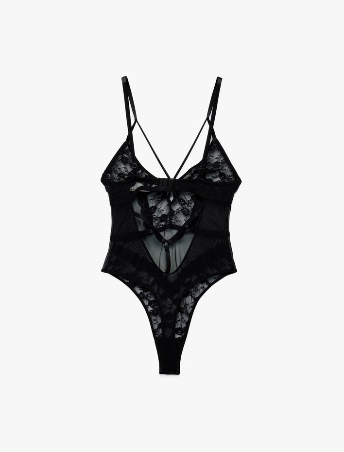  Derin V Yaka İnce Askılı Transparan Dantelli Bodysuit