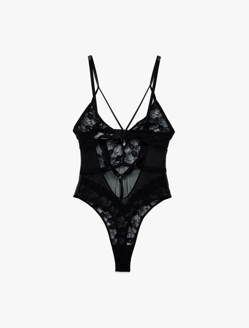   Derin V Yaka İnce Askılı Transparan Dantelli Bodysuit