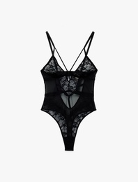 Derin V Yaka İnce Askılı Transparan Dantelli Bodysuit