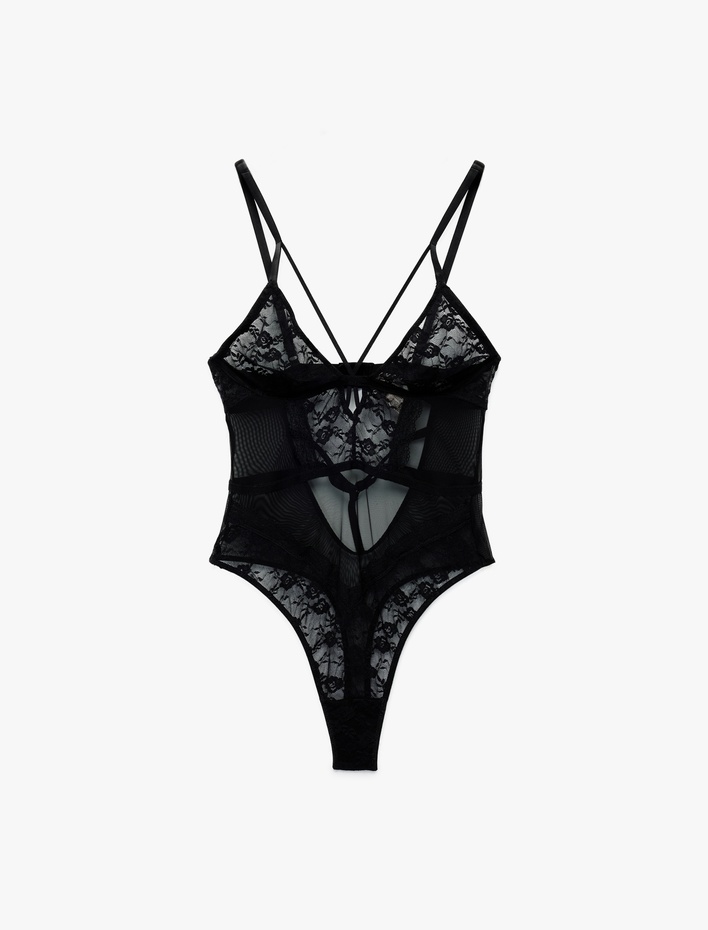  Derin V Yaka İnce Askılı Transparan Dantelli Bodysuit