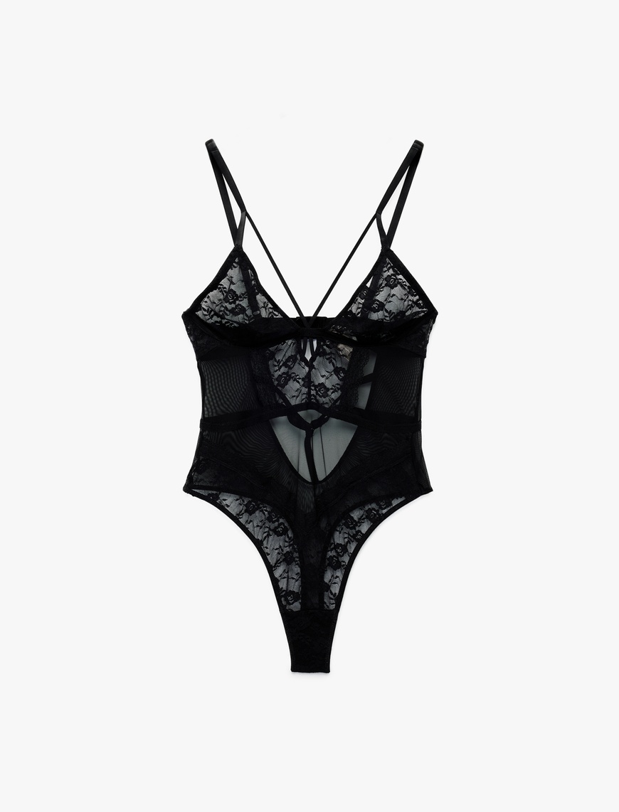   Derin V Yaka İnce Askılı Transparan Dantelli Bodysuit
