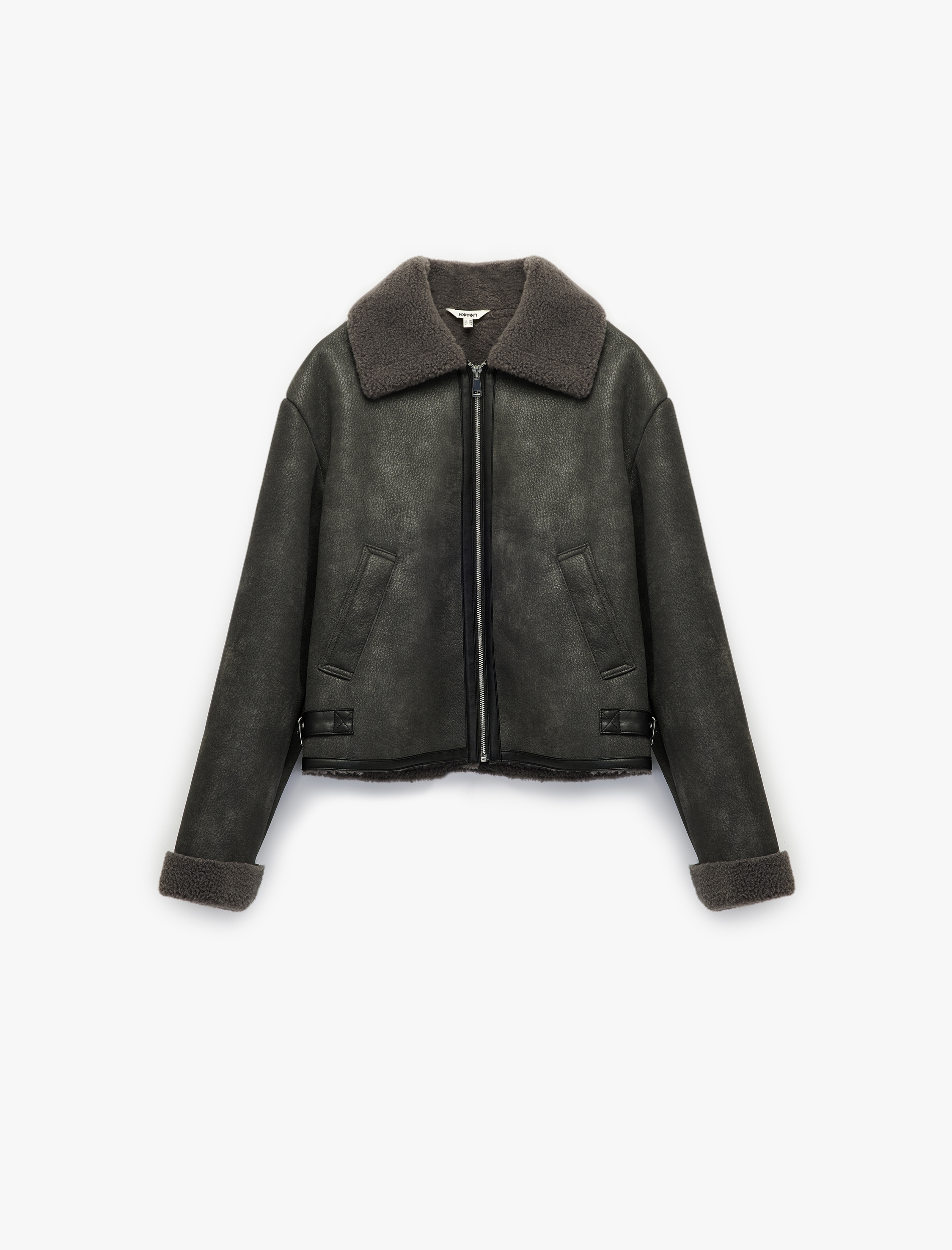   Uzun Kollu Fermuarlı Crop Peluş Yaka Süet Görünümlü Biker Ceket