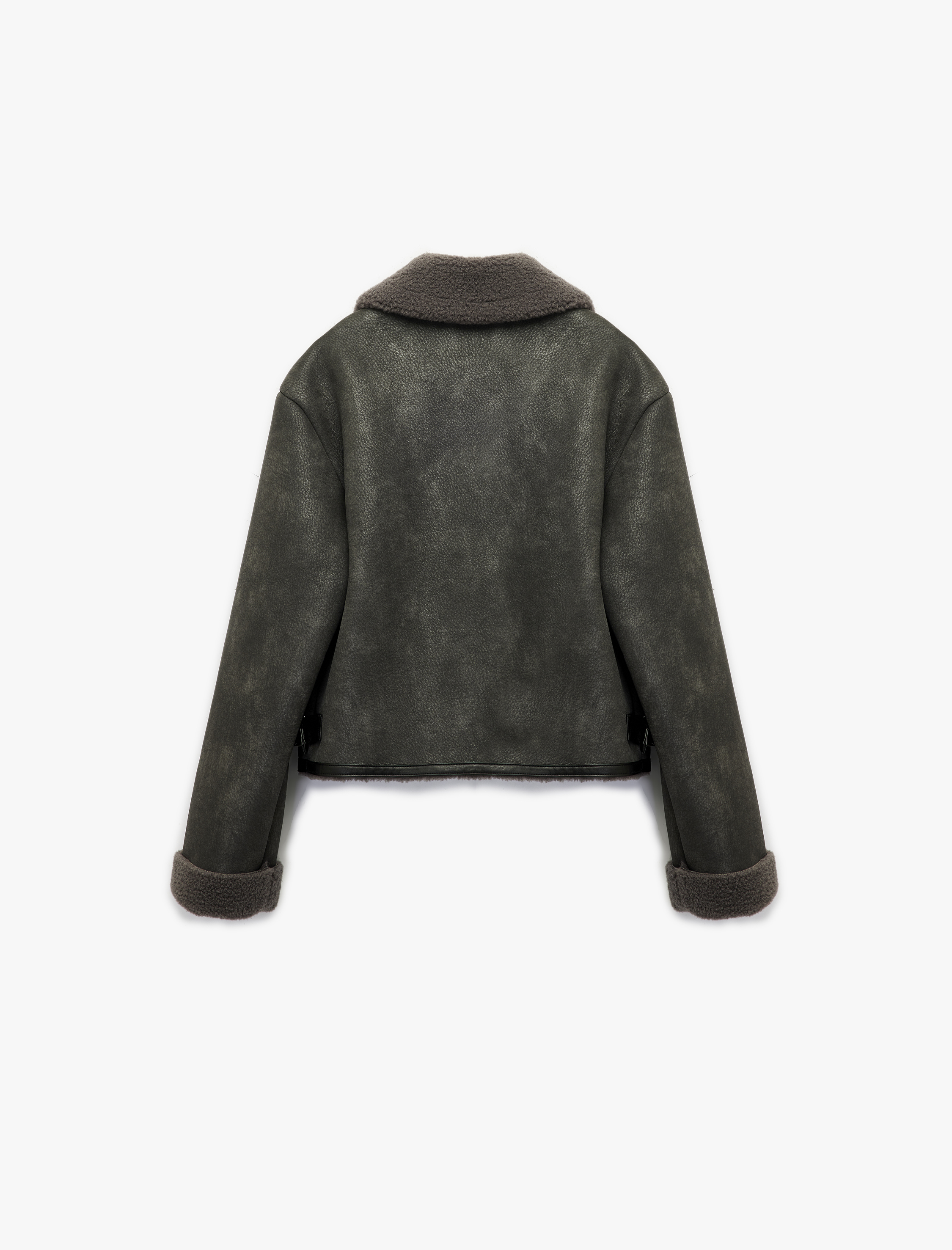   Uzun Kollu Fermuarlı Crop Peluş Yaka Süet Görünümlü Biker Ceket