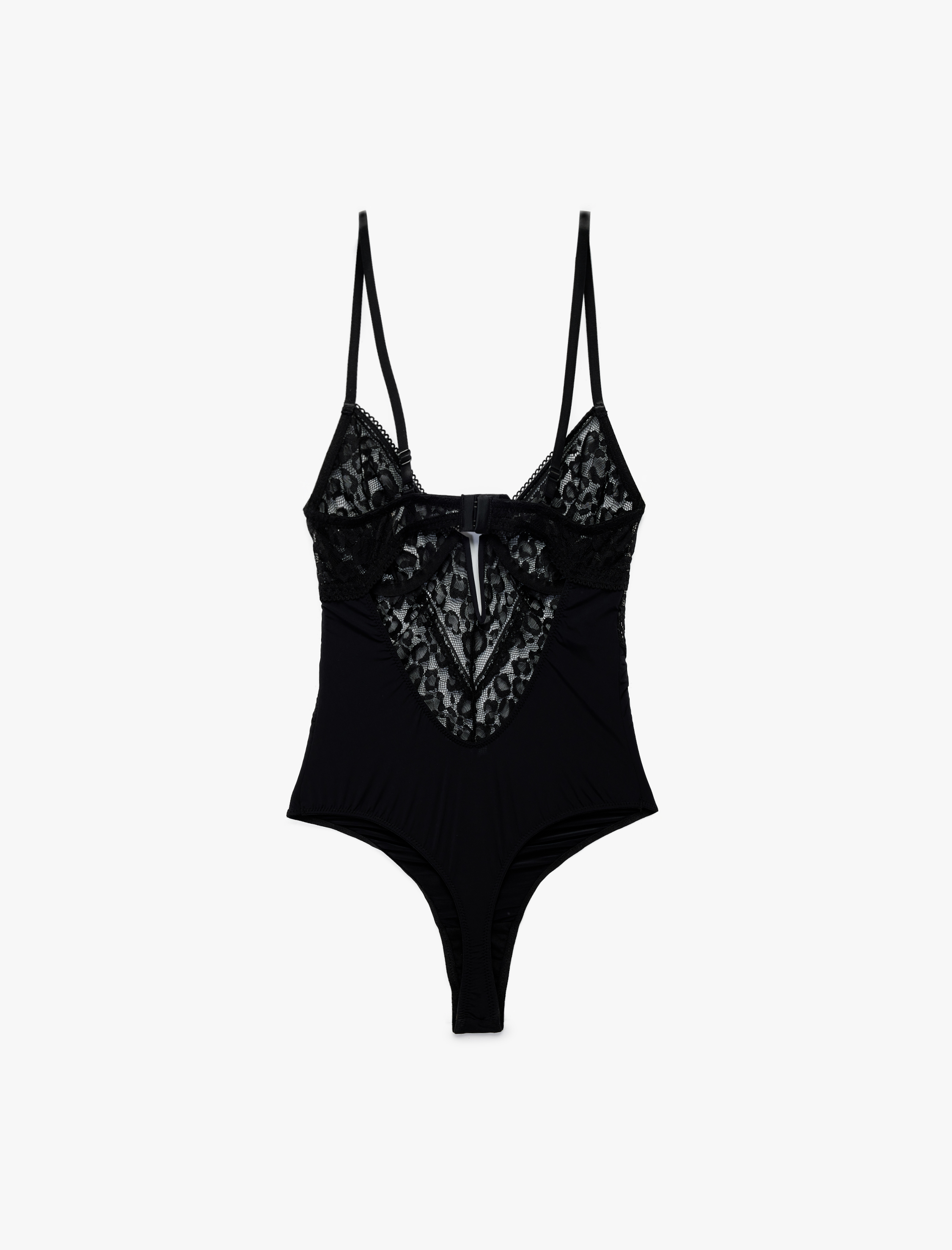   V Yaka İnce Askılı Transparan Dantelli Bodysuit