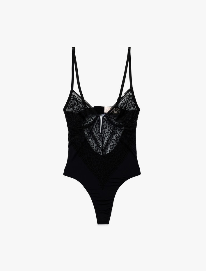  V Yaka İnce Askılı Transparan Dantelli Bodysuit