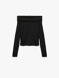 Viskon Karışımlı Kaşkorse Omzu Açık Slim Fit Uzun Kollu Tişört
