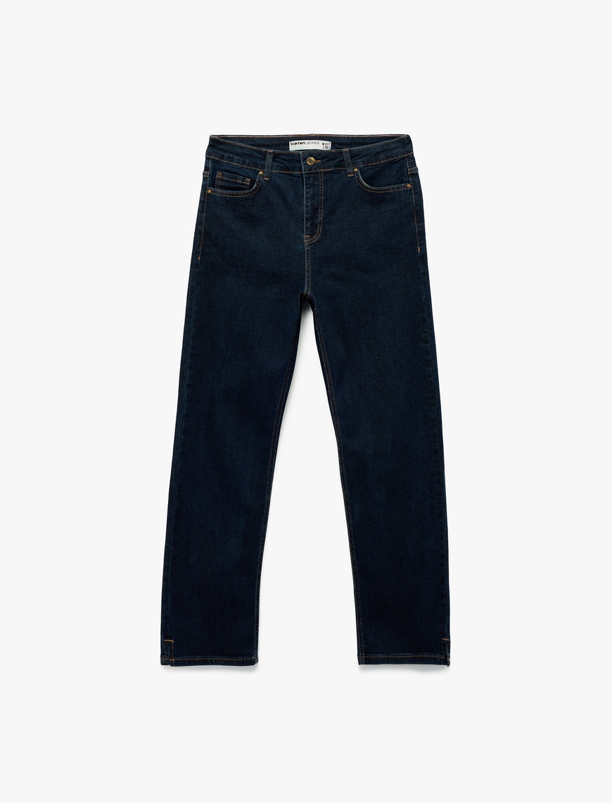   Slim Fit Düz Paça Düğmeli Pamuklu Jean Pantolon - Straight Jeans