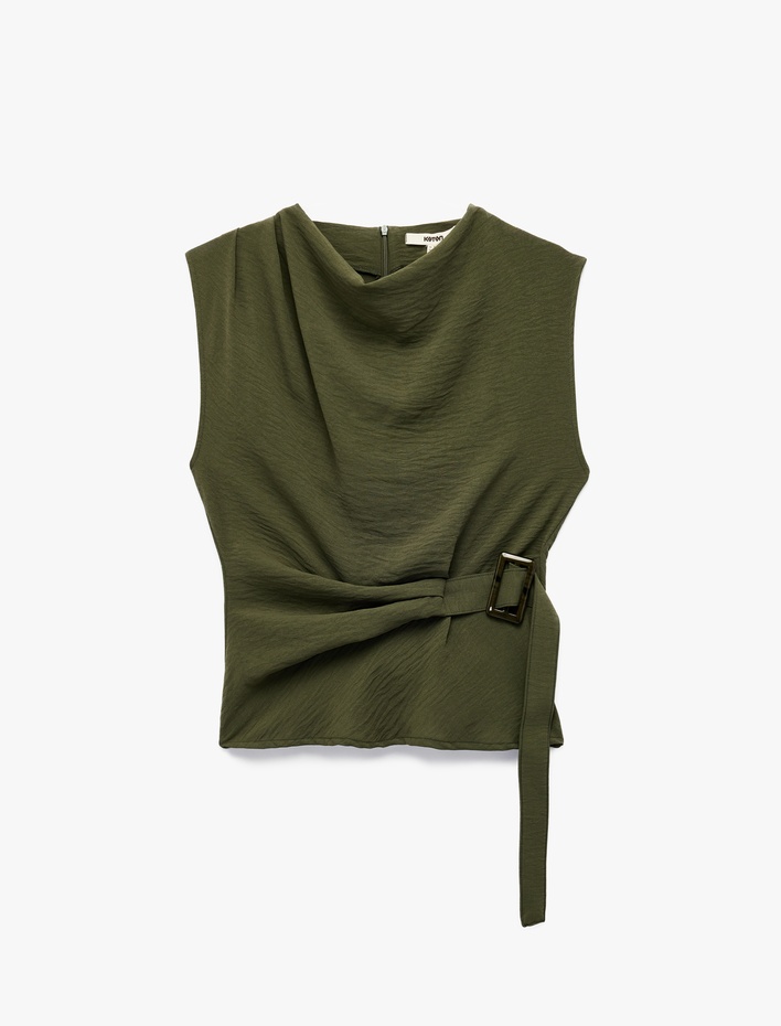  Aerobin Kumaş Kolsuz Degaje Yaka Kemer Detaylı Bluz