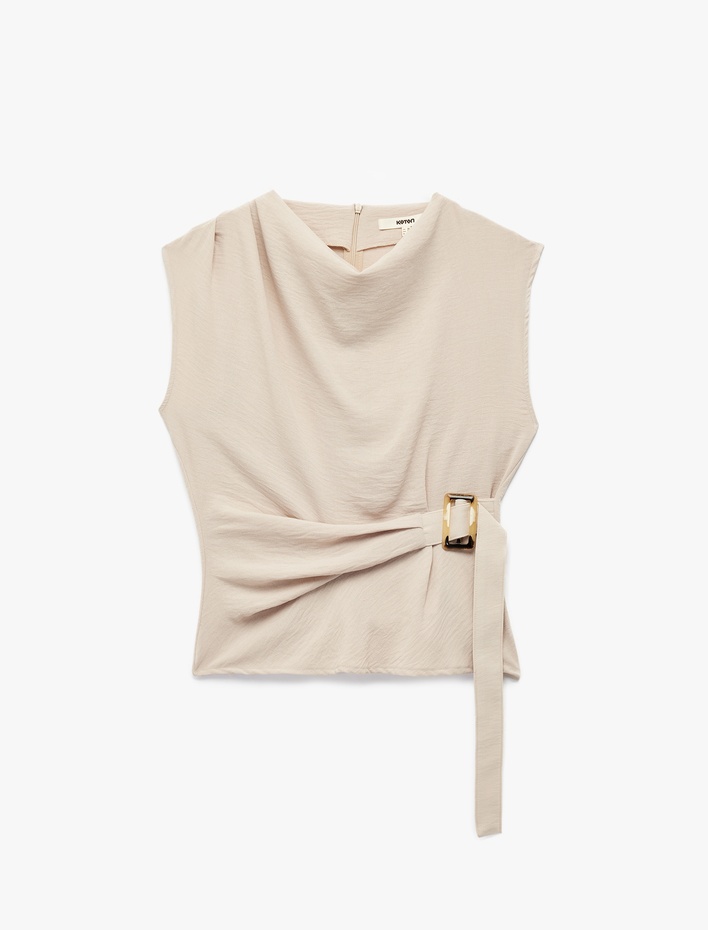  Aerobin Kumaş Kolsuz Degaje Yaka Kemer Detaylı Bluz