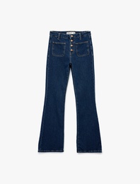 Yüksek Bel Düğmeli Dar Kesim Cep Detaylı Pamuklu İspanyol Paça Jean Pantolon - Flare Jeans