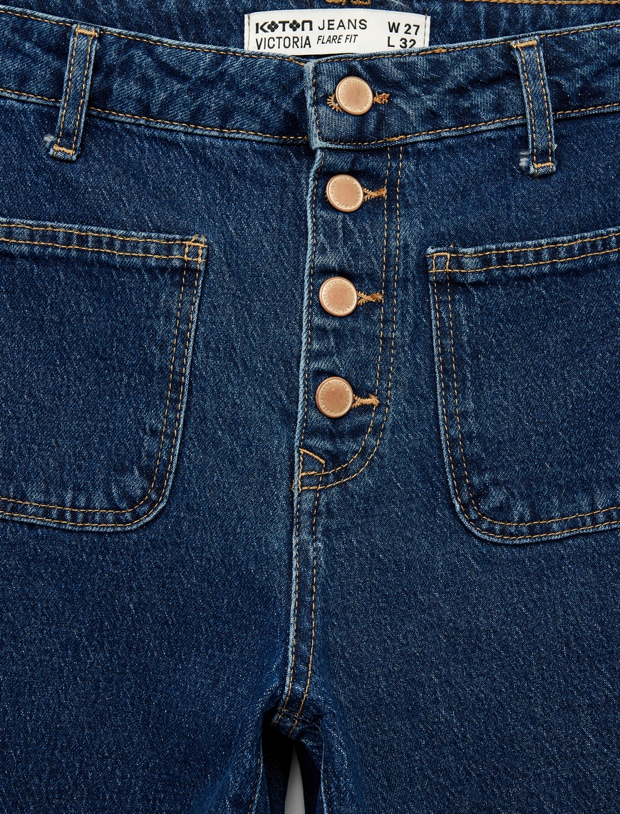  Yüksek Bel Düğmeli Dar Kesim Cep Detaylı Pamuklu İspanyol Paça Jean Pantolon - Flare Jeans