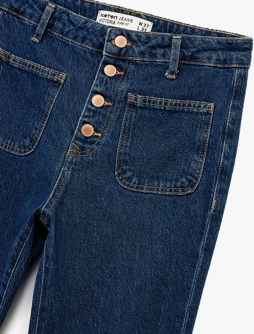   Yüksek Bel Düğmeli Dar Kesim Cep Detaylı Pamuklu İspanyol Paça Jean Pantolon - Flare Jeans