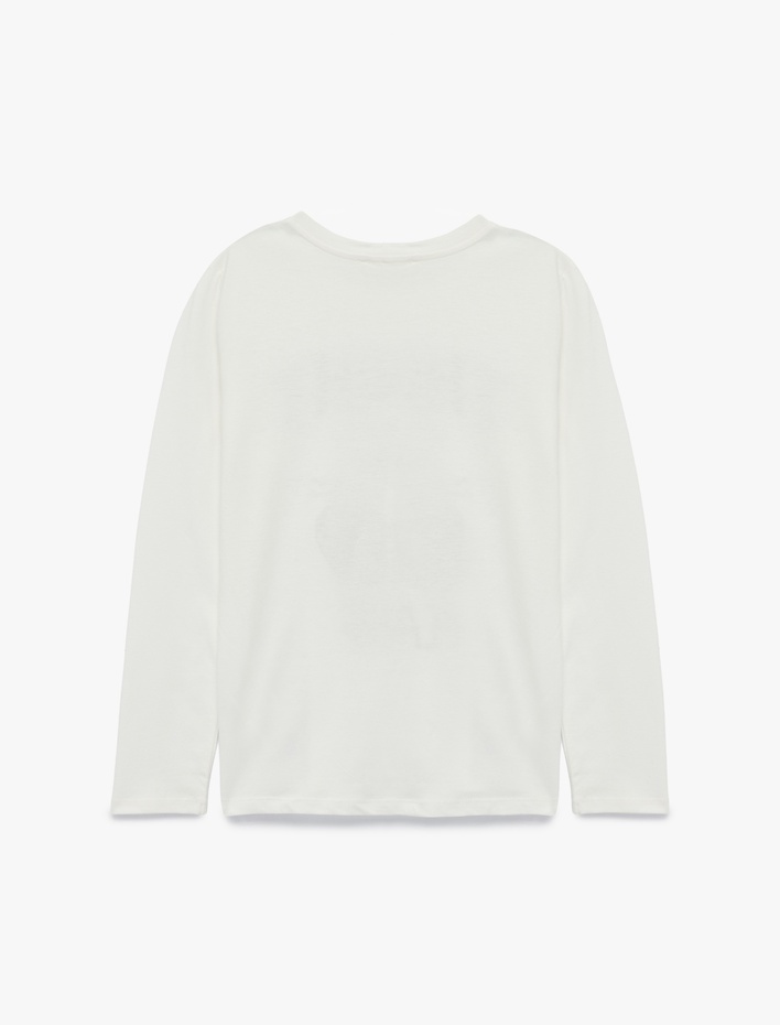 Kız Çocuk Pamuklu Bisiklet Yaka Simli Baskılı Uzun Kollu Tişört