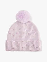 Boncuk Detaylı Katlı Ponponlu Bere