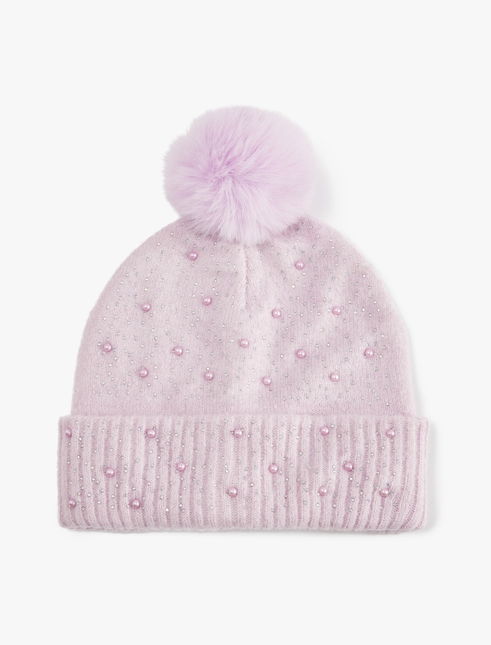 Kız Çocuk Boncuk Detaylı Katlı Ponponlu Bere