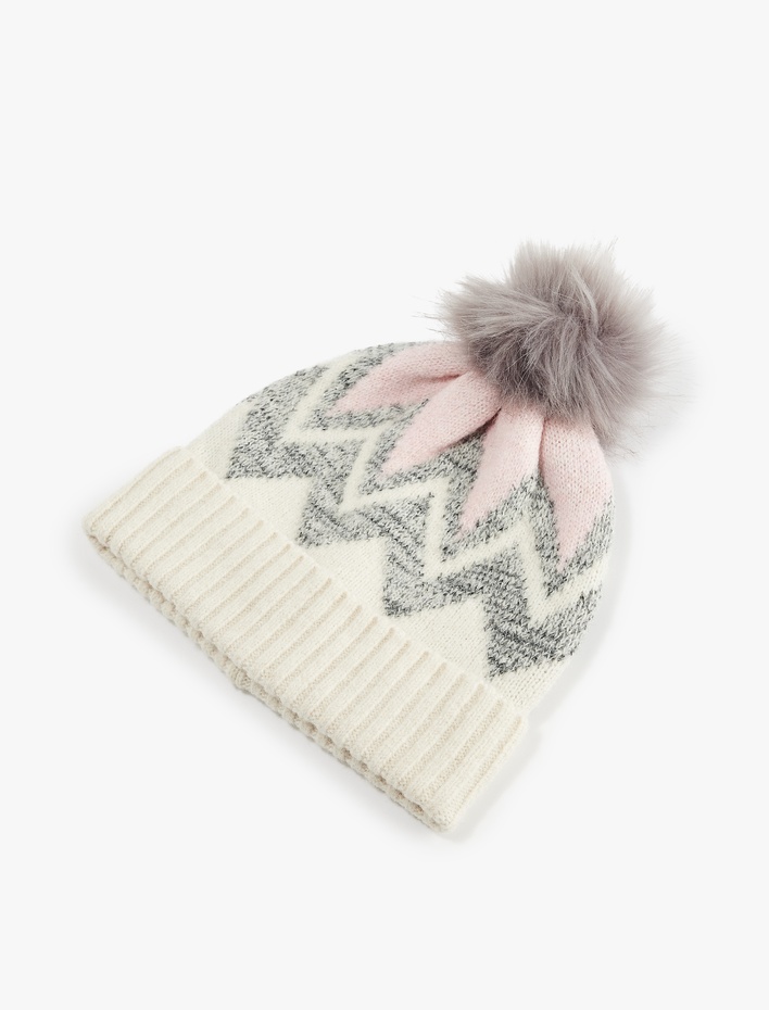 Kadın Ponponlu Kış Temalı Katlı Triko Bere