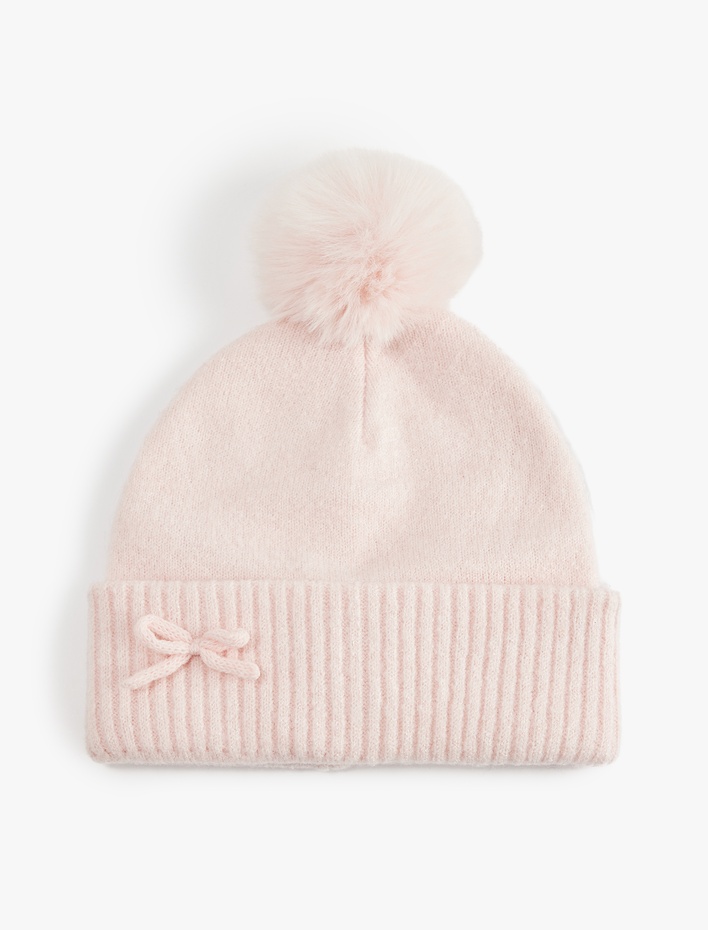 Kız Çocuk Kurdele Detaylı Katlı Ponponlu Bere