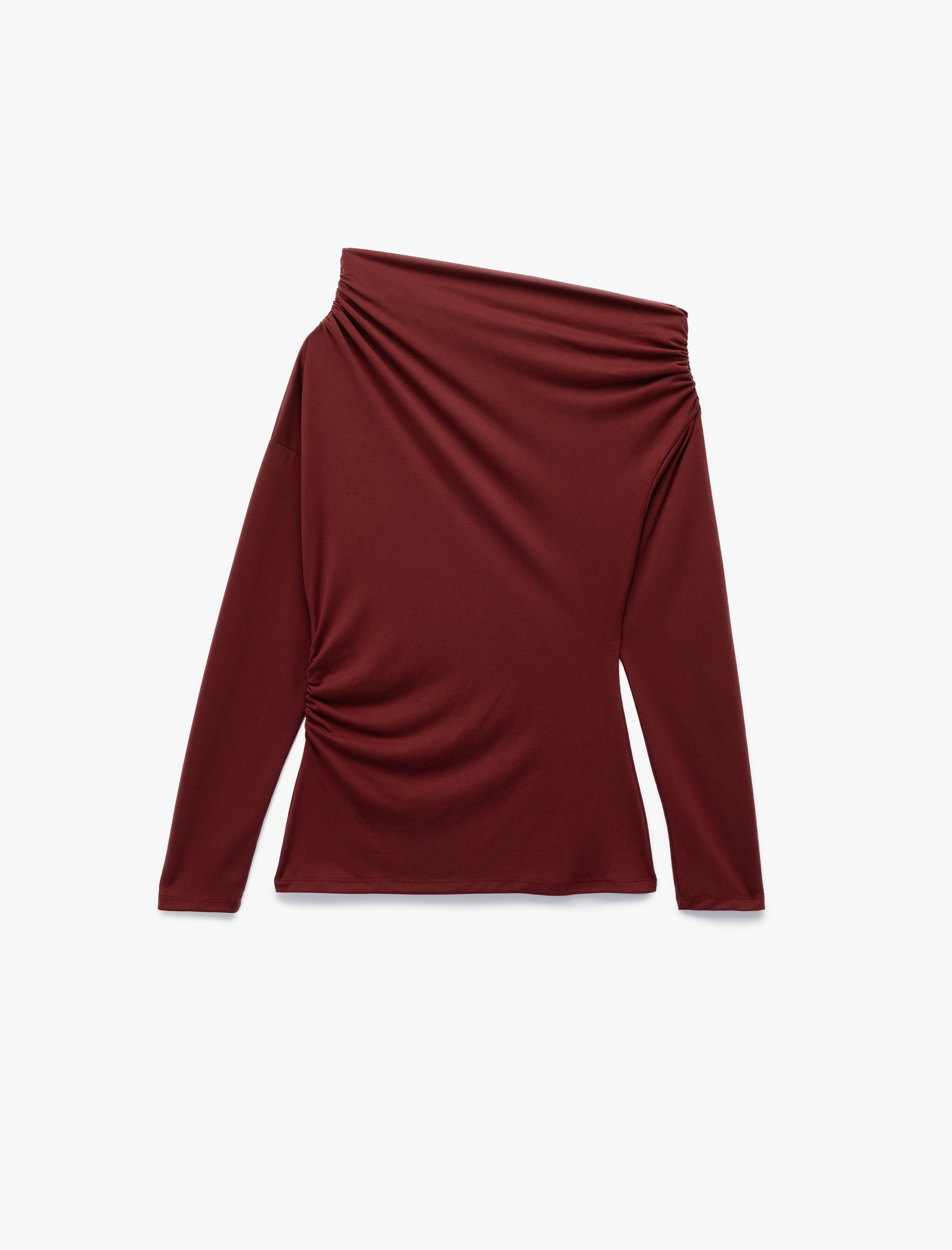   Modal Kumaş Slim Fit Drape Detaylı Asimetrik Yaka Uzun Kollu Tişört