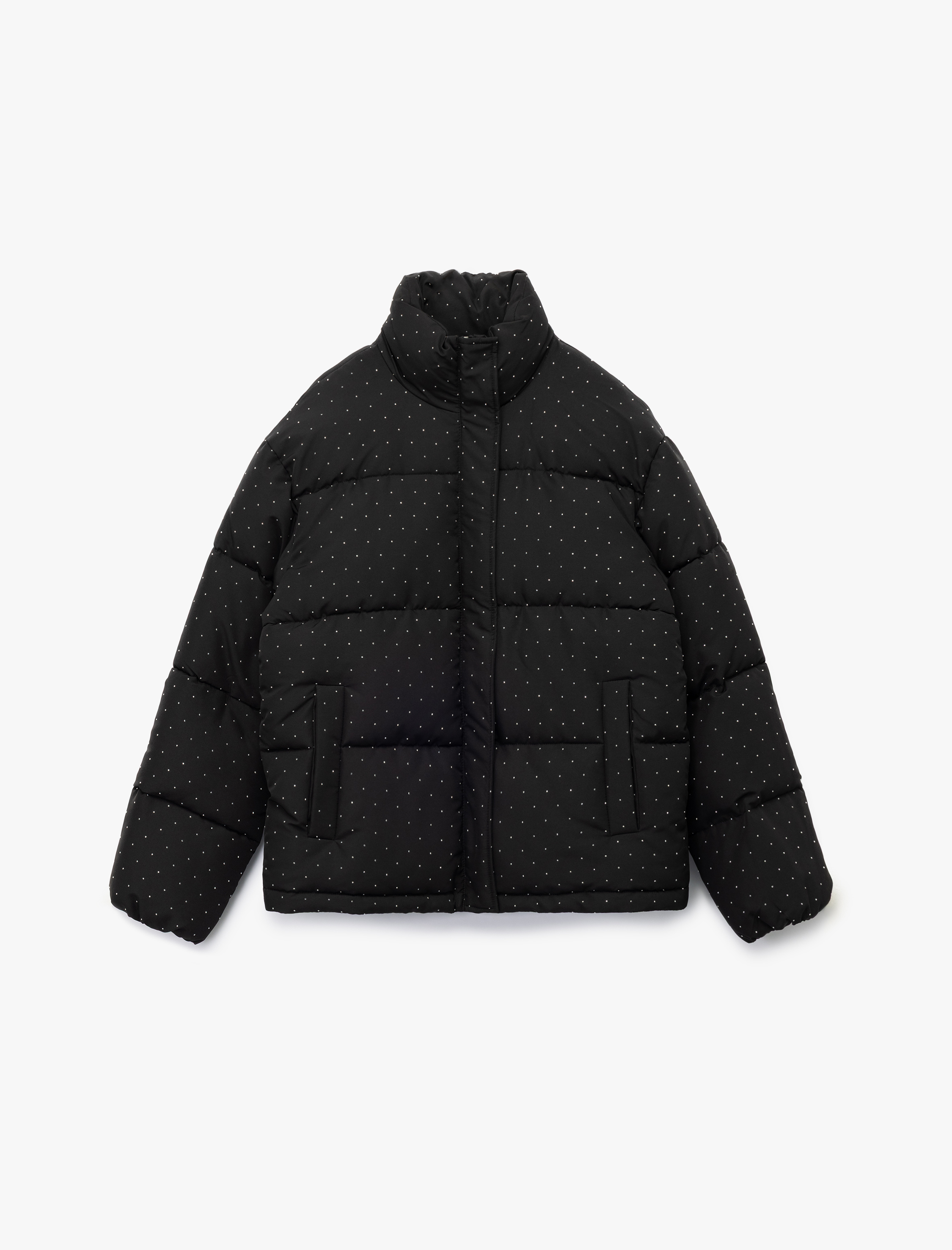 Dik Yaka Fermuarlı Cep Detaylı Taşlı Şişme Mont