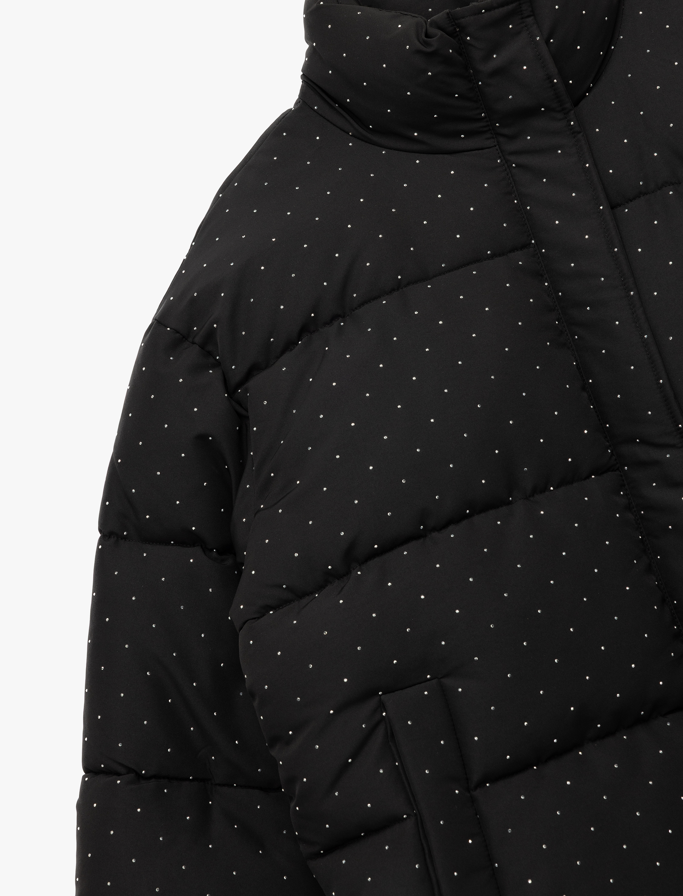 Dik Yaka Fermuarlı Cep Detaylı Taşlı Şişme Mont