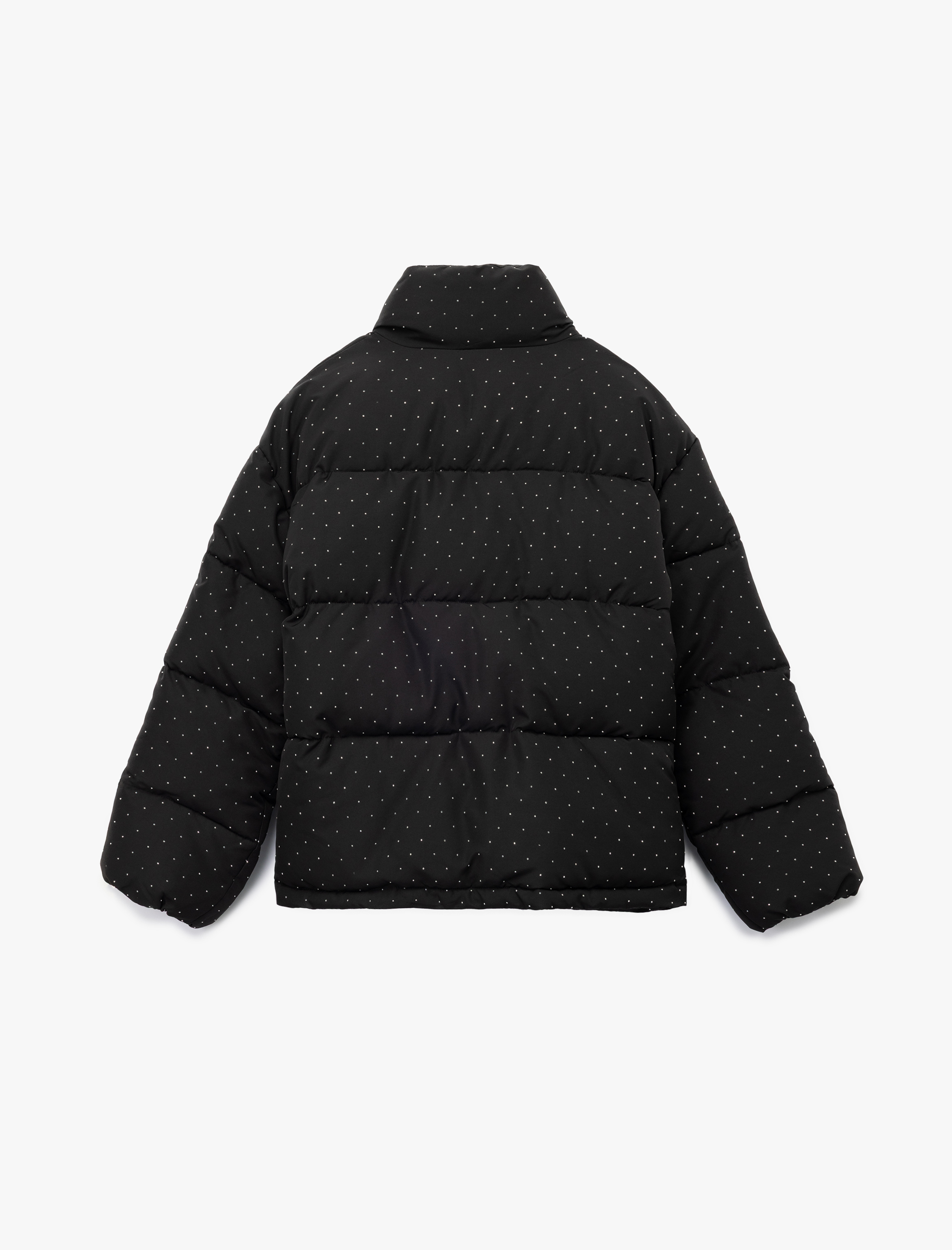 Dik Yaka Fermuarlı Cep Detaylı Taşlı Şişme Mont