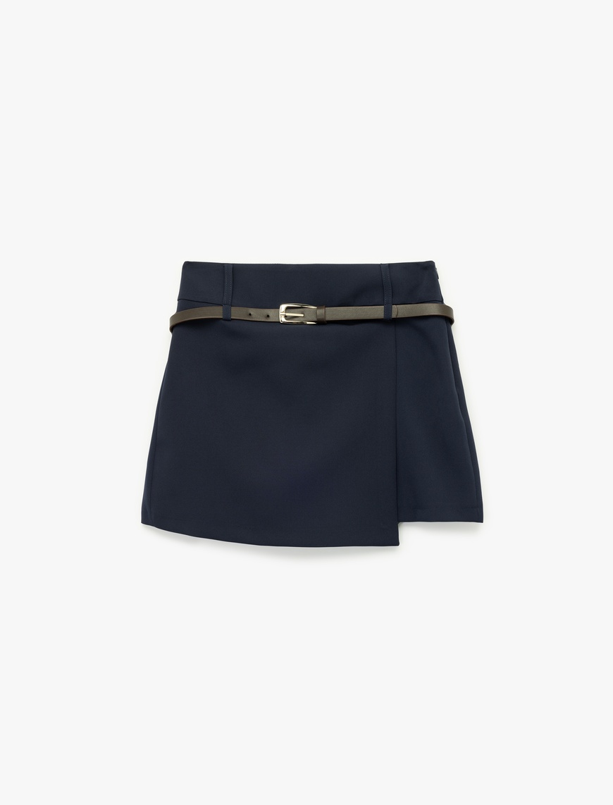   Slim Fit Kemerli Kruvaze Mini Şort Etek
