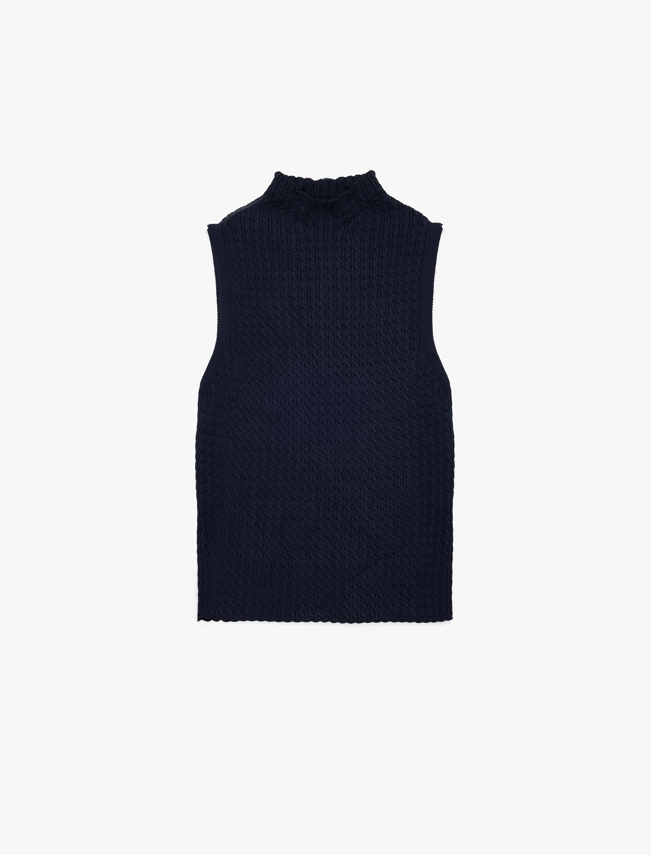   Dik Yaka Saç Örgü Dokulu Kolsuz Triko Bluz