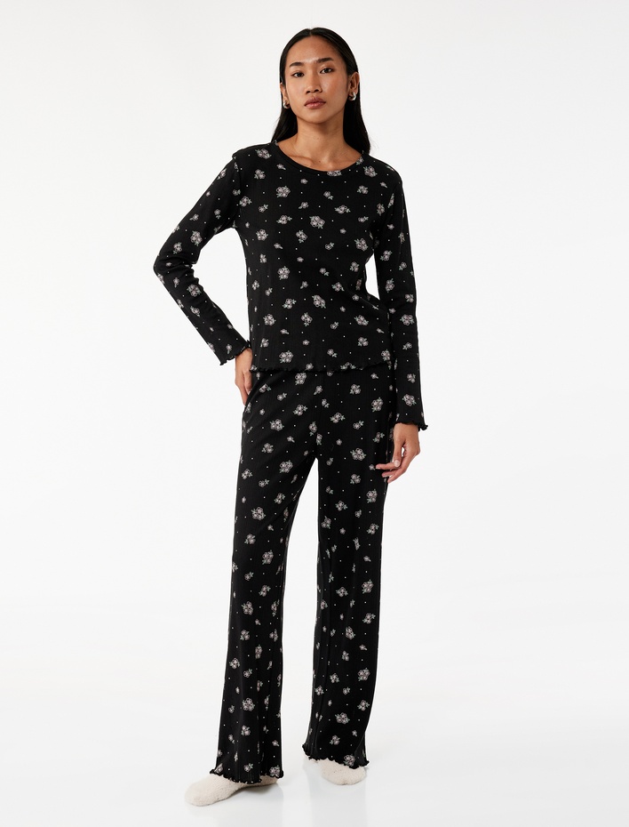  Pamuklu Uzun Kollu Yuvarlak Yaka Çiçekli Pijama Üstü
