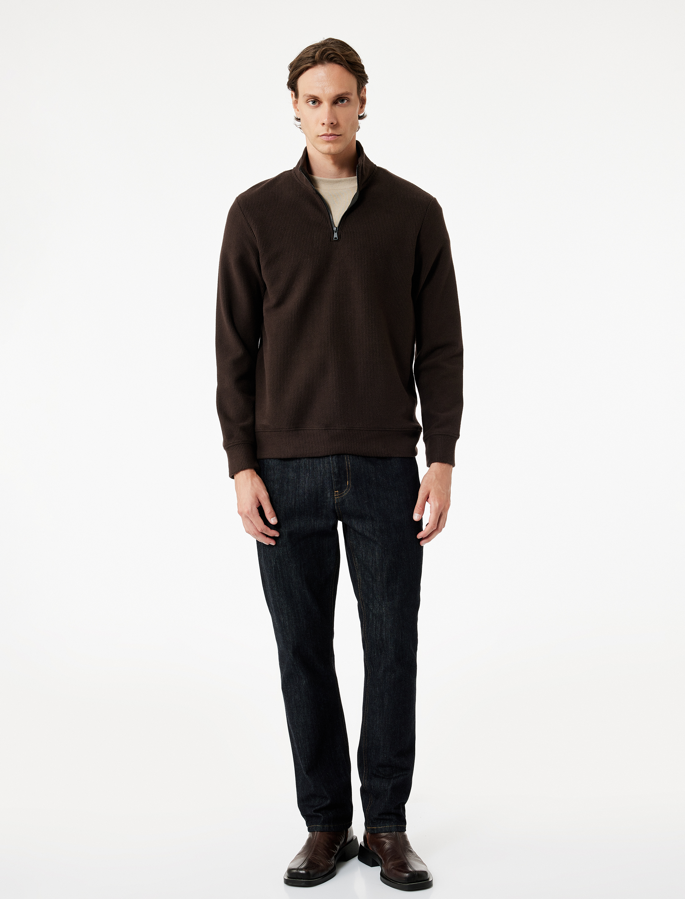   Uzun Kollu Ribanalı Yarım Fermuarlı Sweatshirt