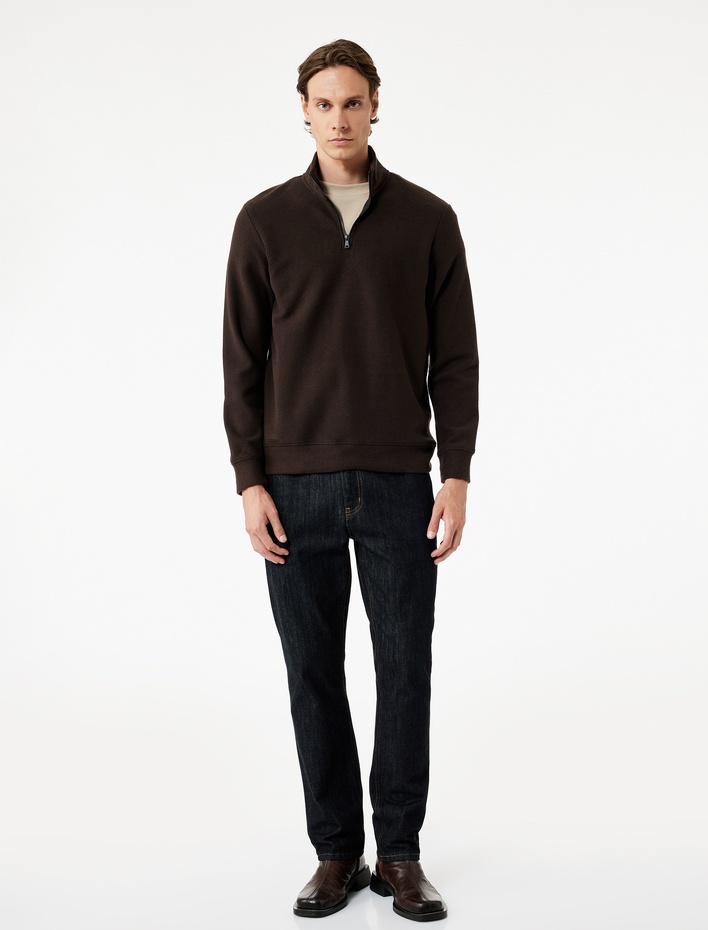  Uzun Kollu Ribanalı Yarım Fermuarlı Sweatshirt