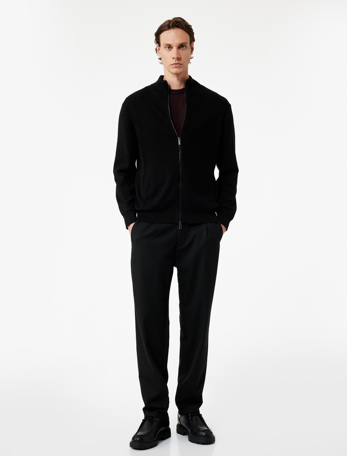  Uzun Kollu Fermuarlı Pamuklu Triko Hırka