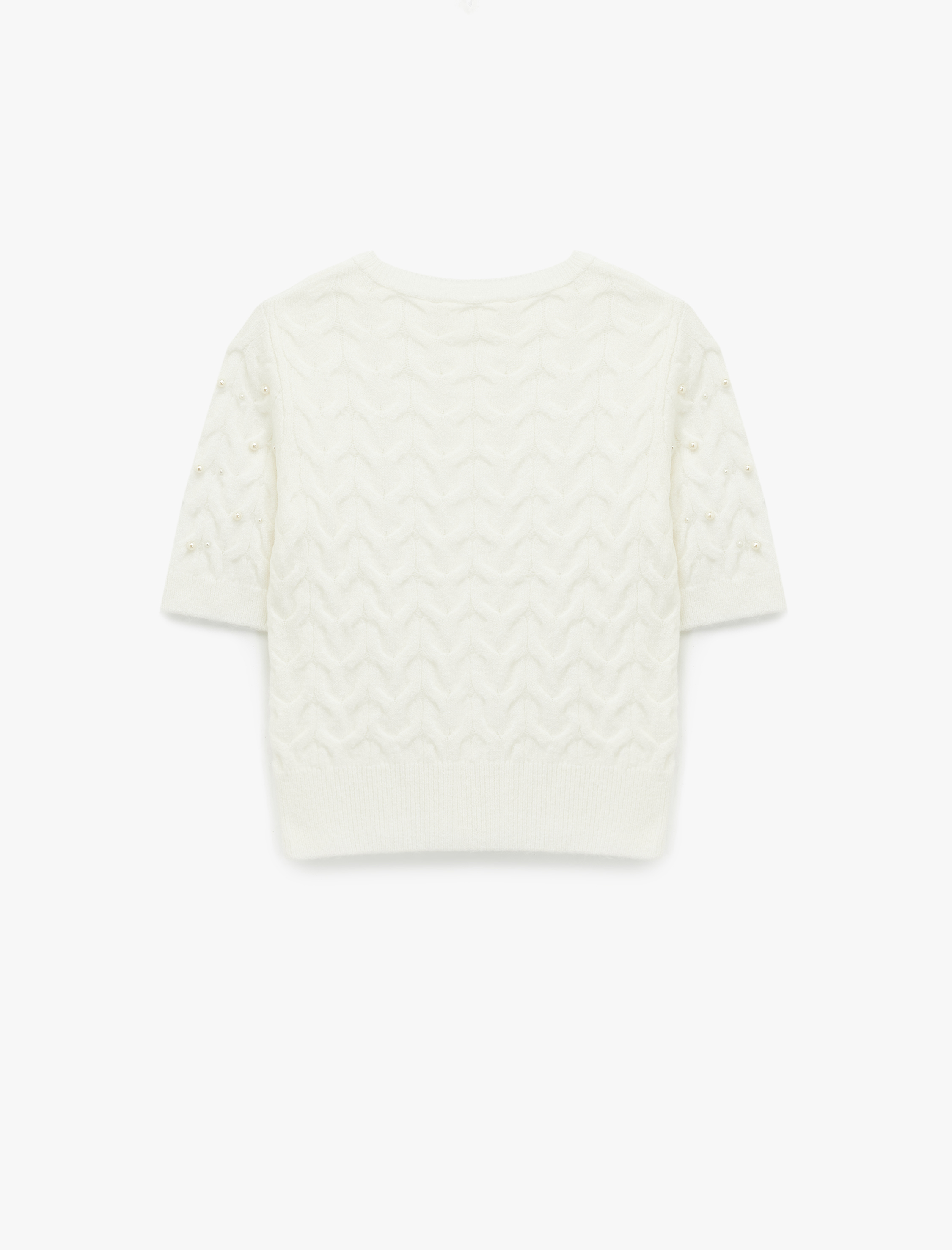   İnci İşleme Detaylı Kısa Kollu Bisiklet Yaka Saç Örgü Kazak