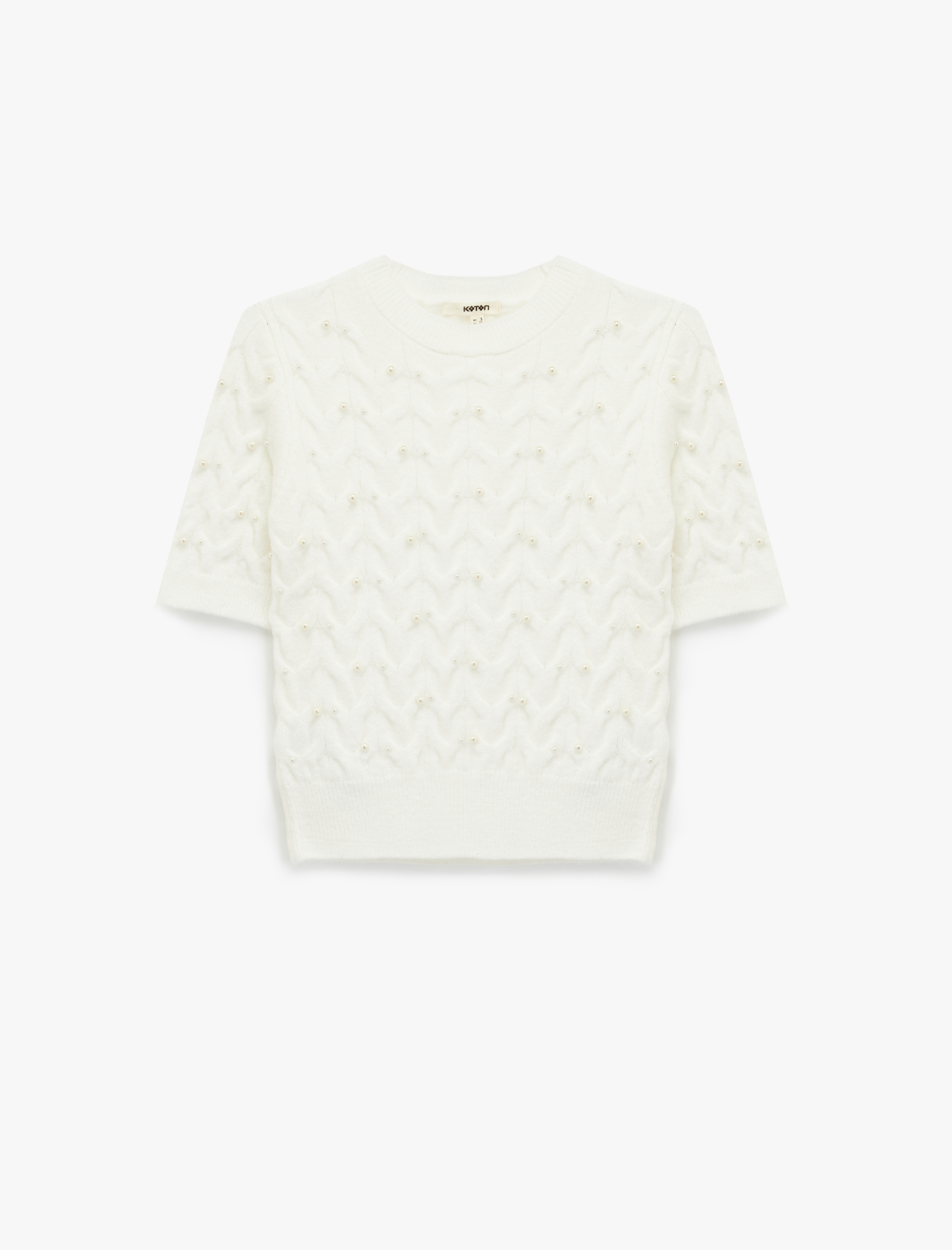   İnci İşleme Detaylı Kısa Kollu Bisiklet Yaka Saç Örgü Kazak