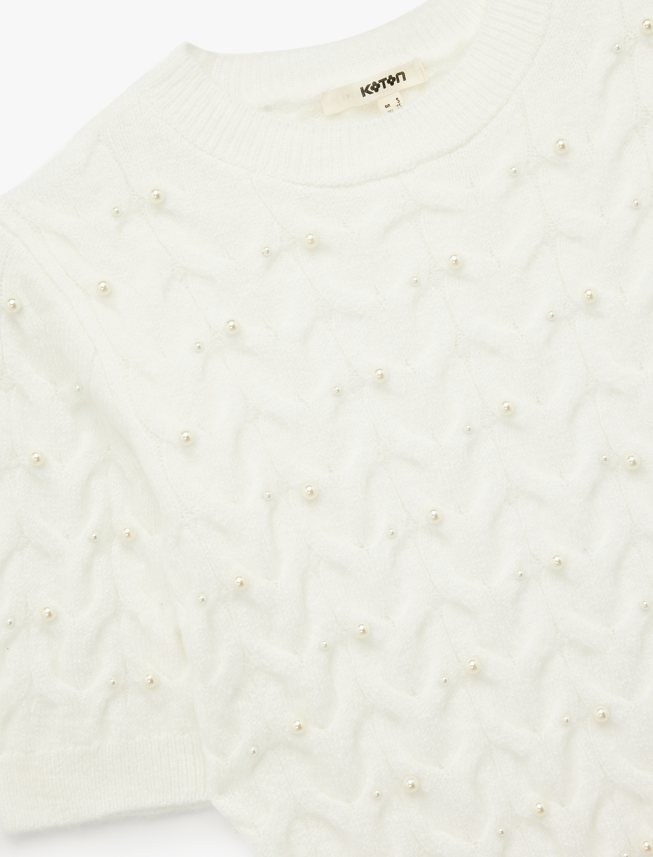   İnci İşleme Detaylı Kısa Kollu Bisiklet Yaka Saç Örgü Kazak