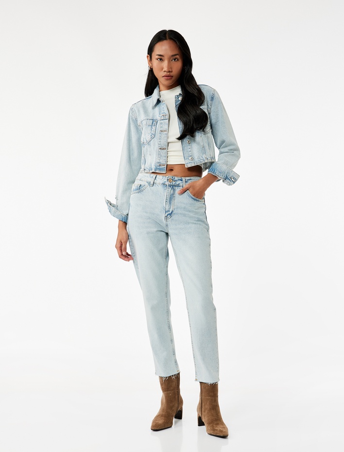  Pamuklu Slim Fit Yüksek Bel Mom Jean Pantolon - Mom Slim Jean