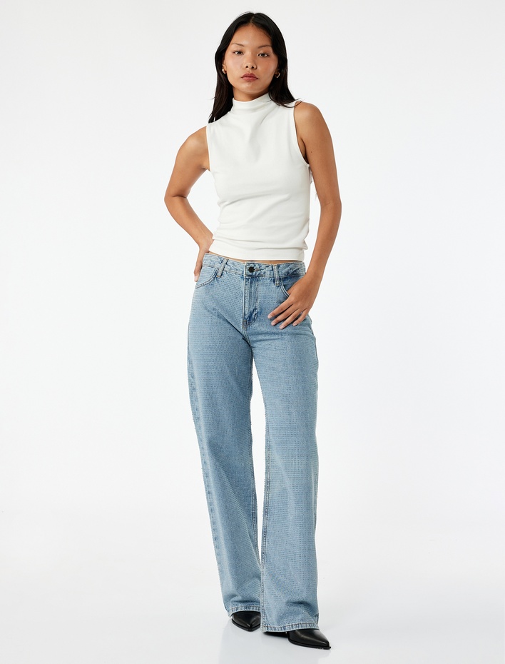  Pamuklu Düğmeli Düz Paça Taş Detaylı Jean Pantolon - Straight Fit Jean