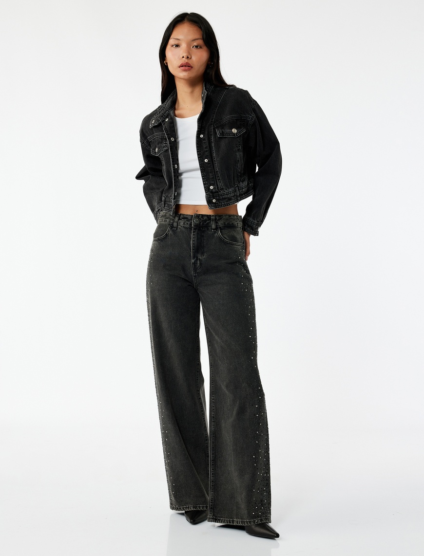   Pamuklu Düğmeli Geniş Paça Taş Detaylı Jean Pantolon -  Wide Leg Jeans