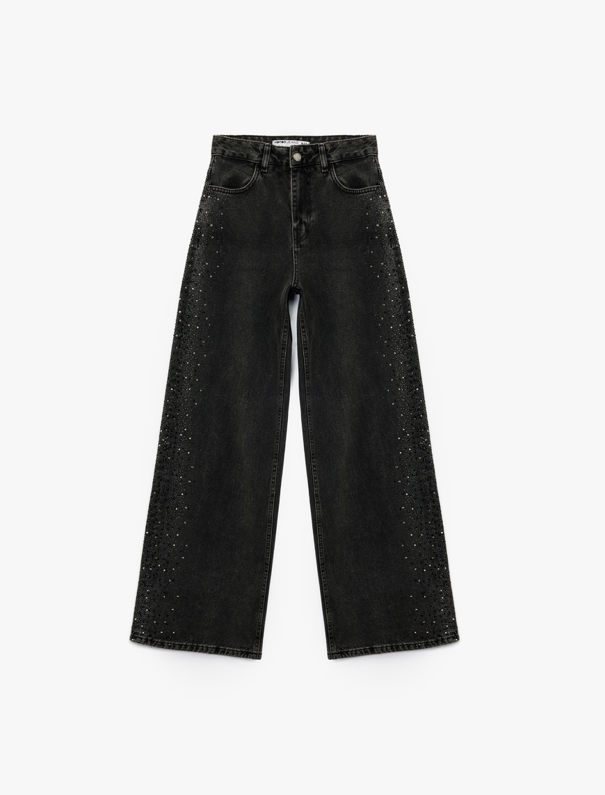  Pamuklu Düğmeli Geniş Paça Taş Detaylı Jean Pantolon -  Wide Leg Jeans