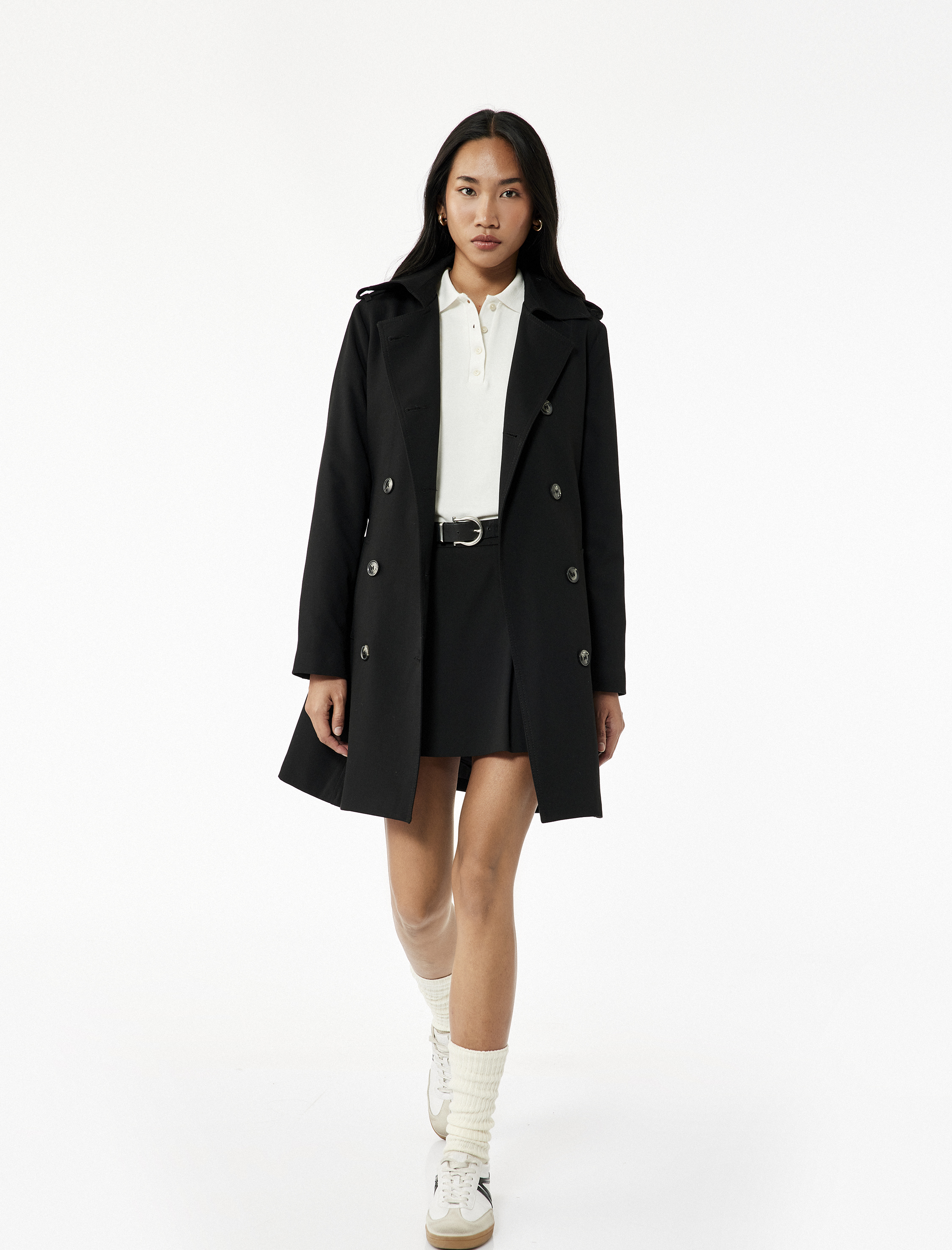   Viskon Karışımlı Uzun Kollu Kemerli Kruvaze Trençkot