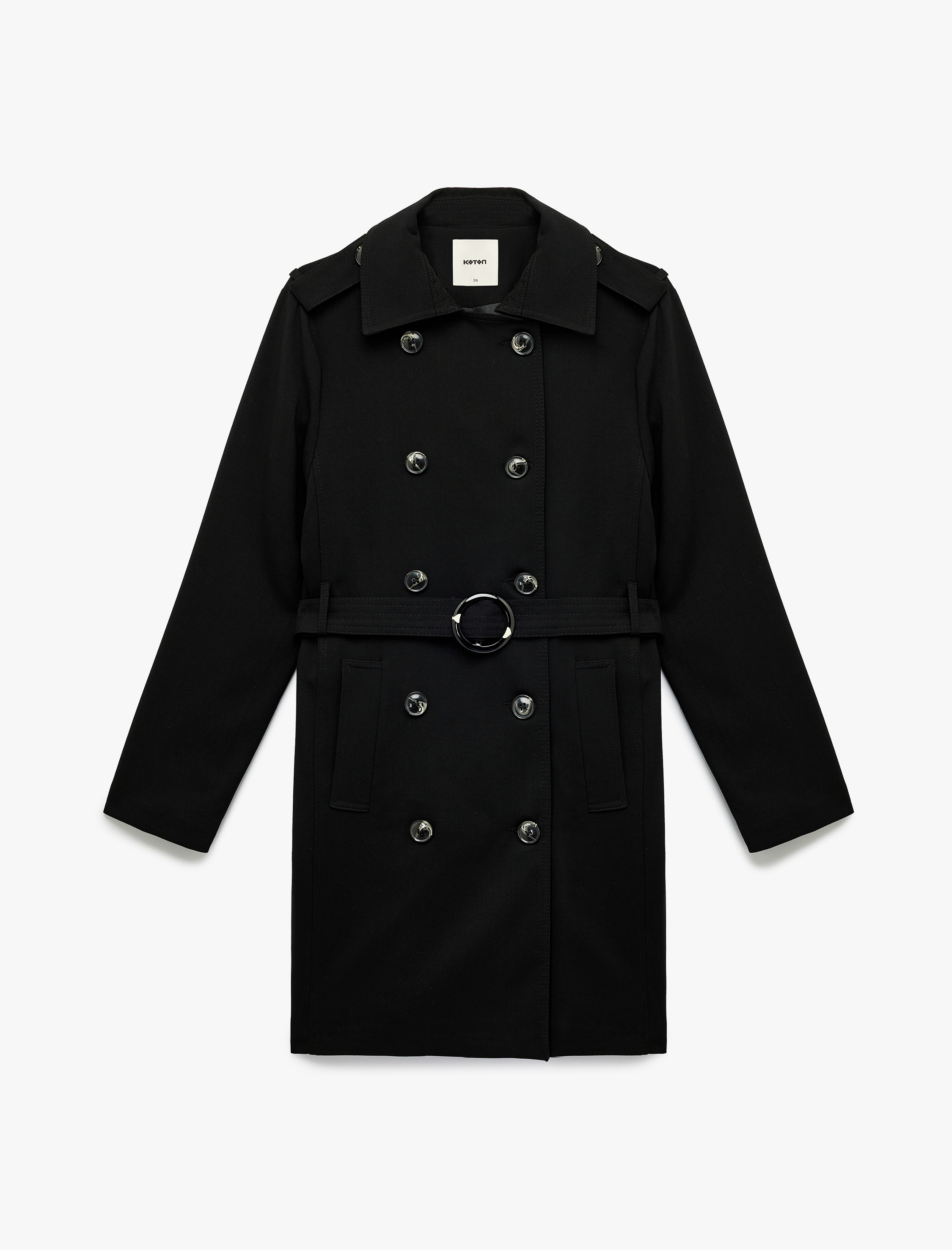   Viskon Karışımlı Uzun Kollu Kemerli Kruvaze Trençkot