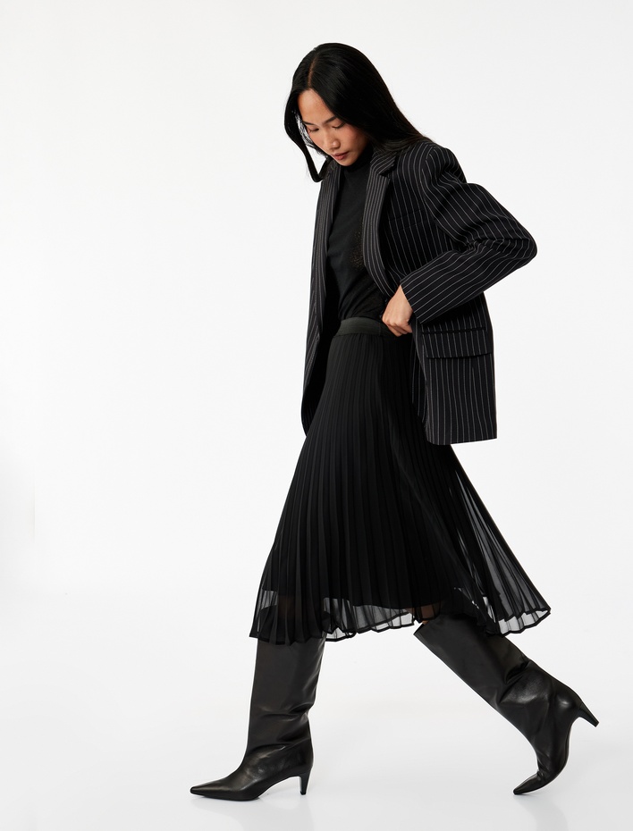  Midi Boy Beli Lastikli Pileli Etek