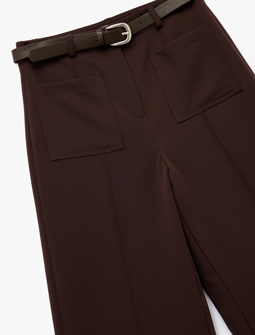   Kemerli Aplike Cepli Culotte Fit Kısa Geniş Paça Kumaş Pantolon