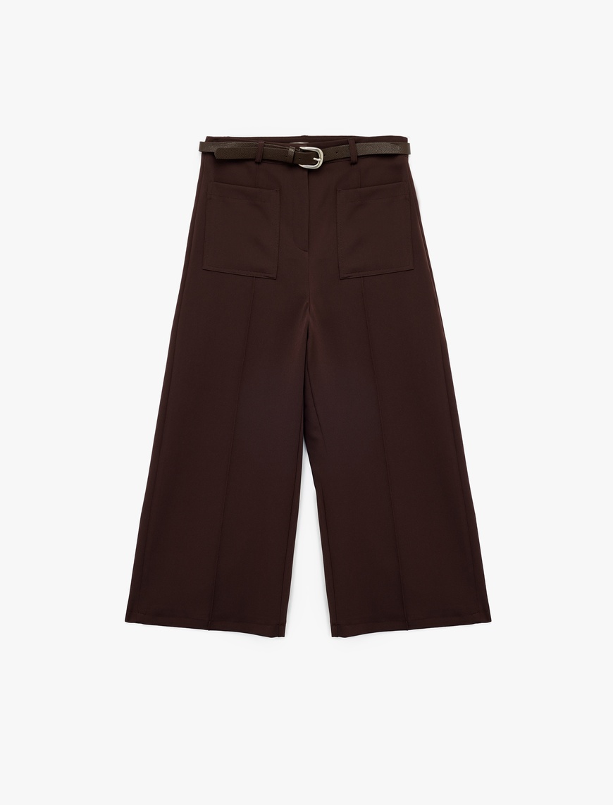   Kemerli Aplike Cepli Culotte Fit Kısa Geniş Paça Kumaş Pantolon