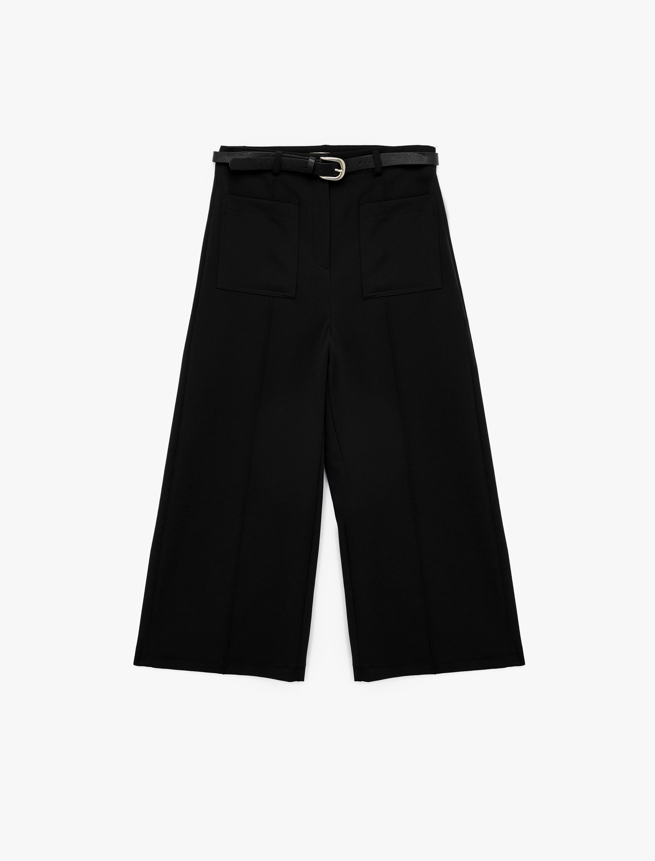 Kemerli Aplike Cepli Culotte Fit Kısa Geniş Paça Kumaş Pantolon