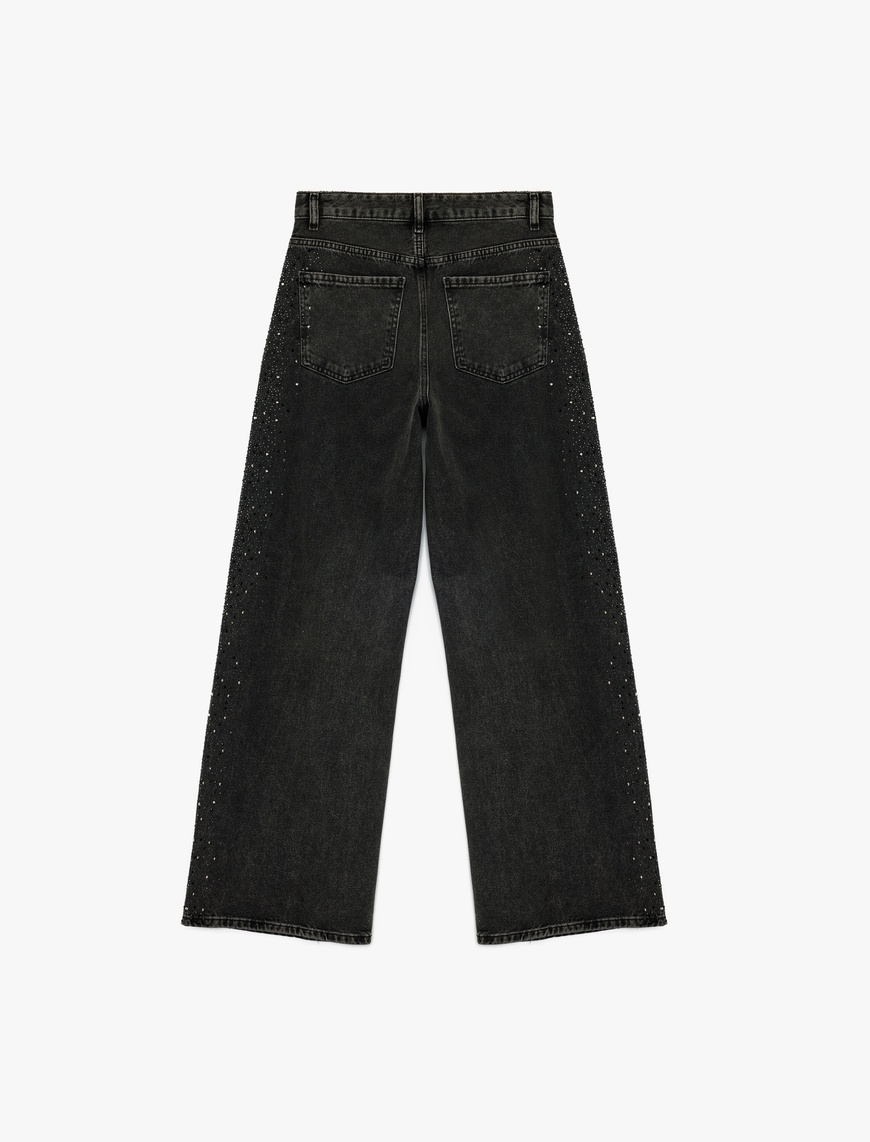   Pamuklu Düğmeli Geniş Paça Taş Detaylı Jean Pantolon -  Wide Leg Jeans