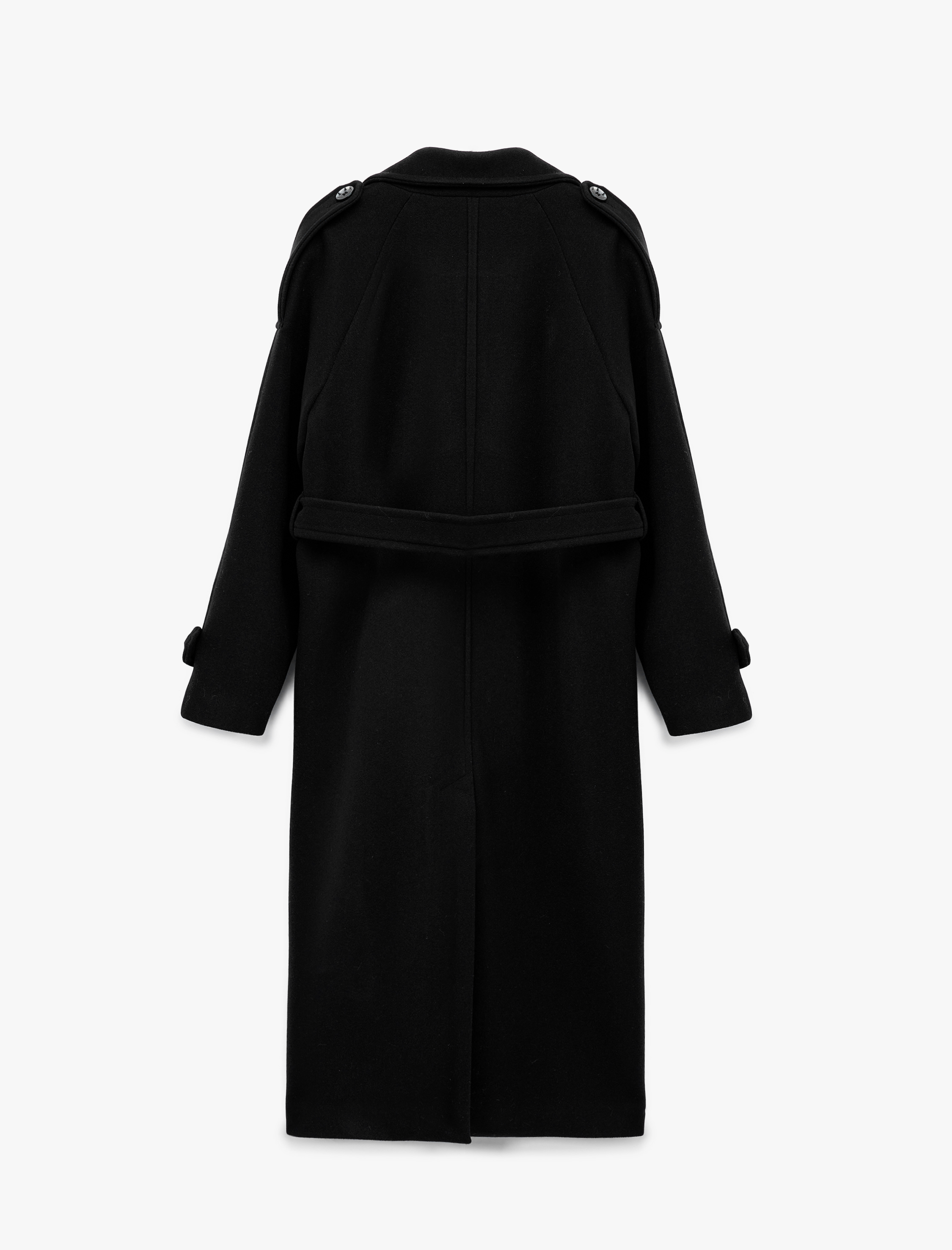   Kruvaze Uzun Kollu Cepli Kemerli Kaşe Kaban