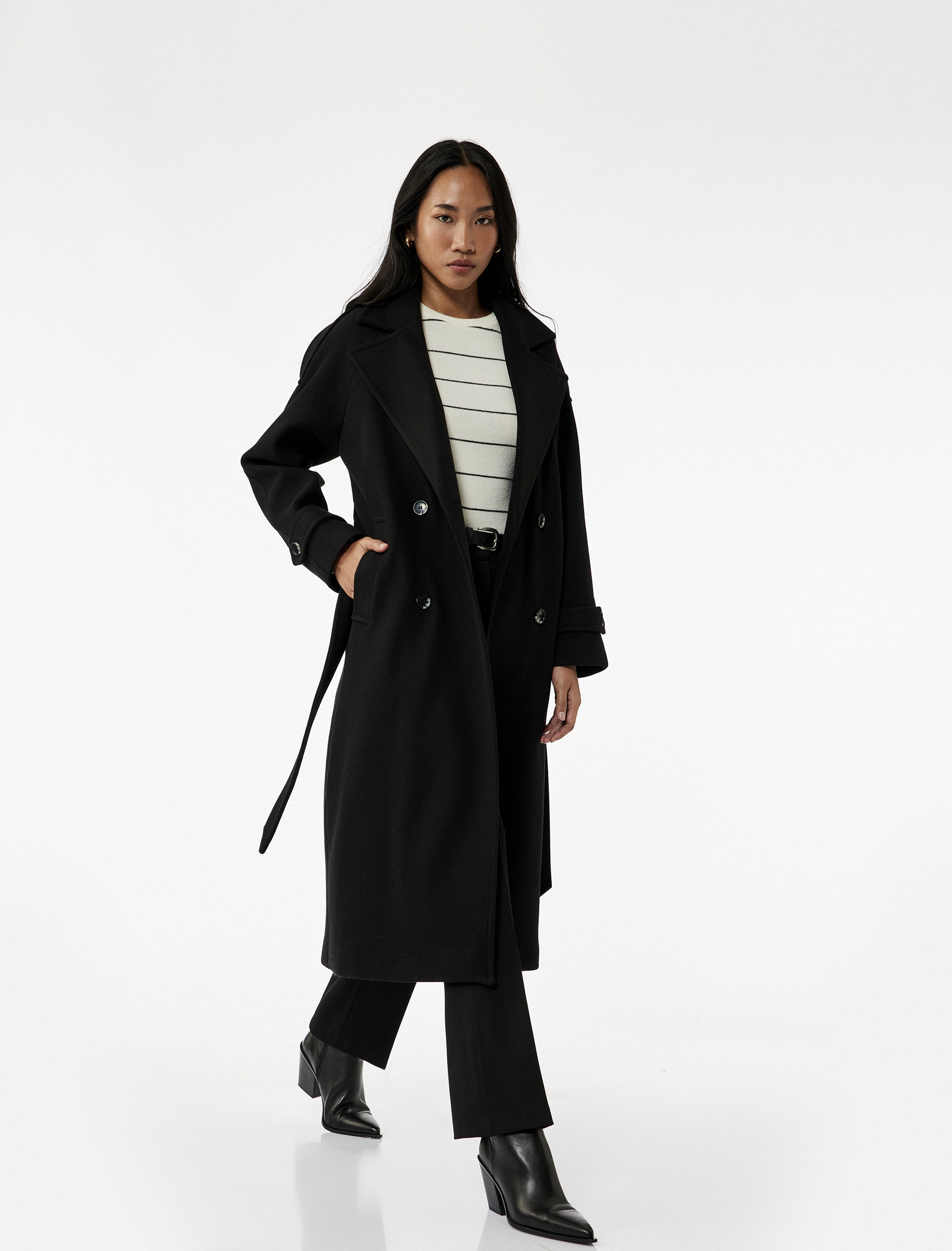   Kruvaze Uzun Kollu Cepli Kemerli Kaşe Kaban